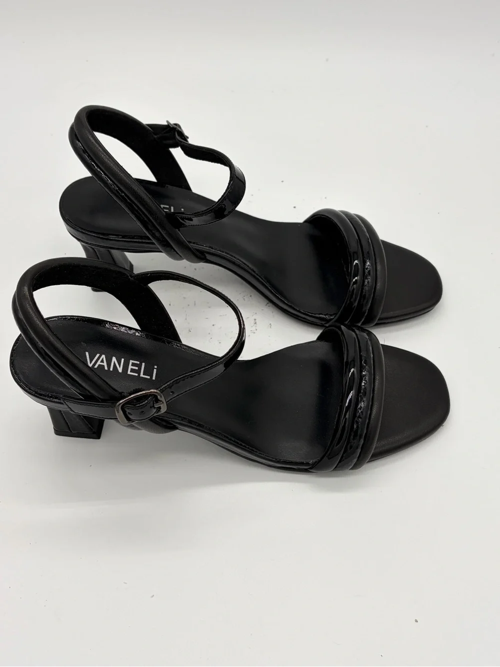 Vaneli Black Twisted Strap Mid-Heel Sandals